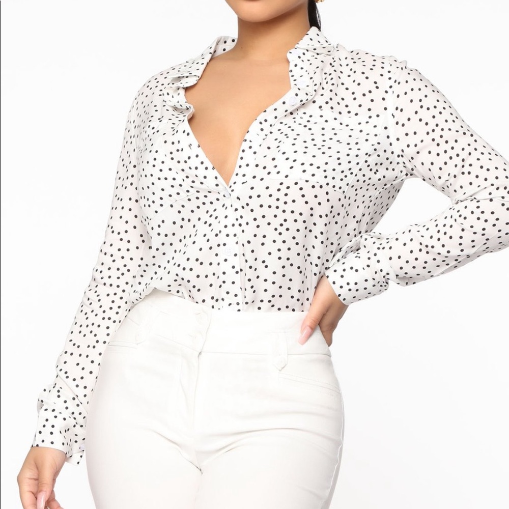 White and Black Polka Dot Button Up
